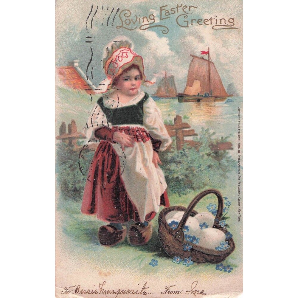 Postcard antique Easter embossed Child Harbor Ship c1905 folk basket clogs kid